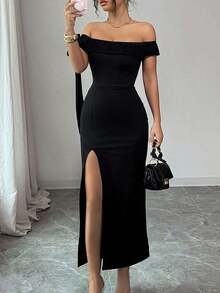 Vestido elegante ajustado de unicolor con diseño de giro en el hombro descubierto y abertura lateral en el bajo - Negro - Ver 5
