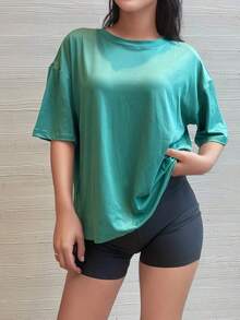 Camiseta de manga corta oversize, negro sólido, ajuste holgado casual para deportes blancos de verano - Verde - Ver 2
