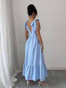Elegante vestido sin mangas con escote en V y lazo en la cintura, vestido de verano azul para vacaciones de damas - Rosa Fucsia - Ver 10