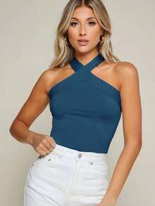 Top halter delgado unicolor con tiras cruzadas - Agua verde azul - Ver 6