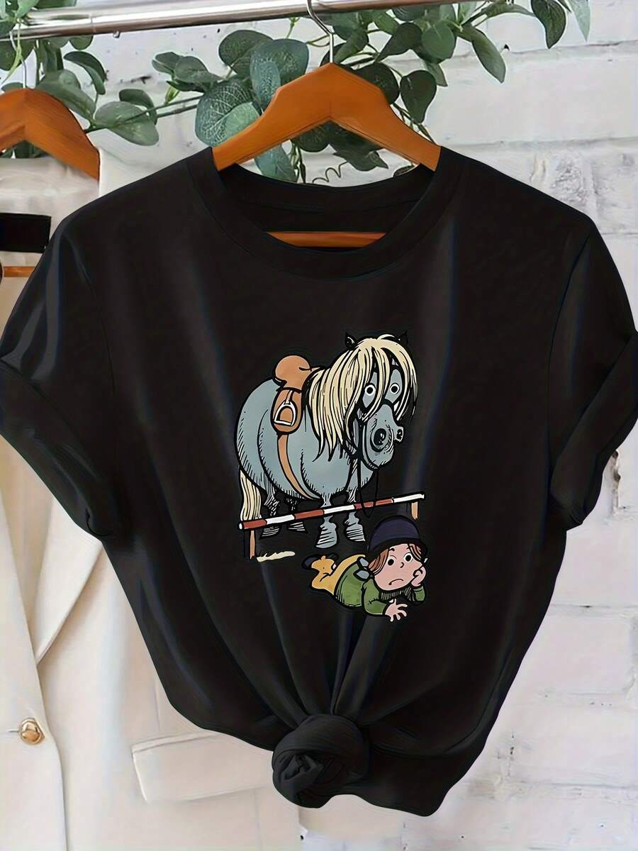 Women's Short-Sleeved T-Shirt With A Fun Equestrian-Themed Cartoon Print, Sporty Style, Loose Fit, Ideal For Spring/Summer, Stylish Clothing For Equestrian And Animal Lovers, Comfortable Round Neck Design, Versatile For Everyday And Casual Wear, Vintage Style T-Shirt. - 黑色 - 查看 1