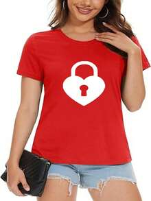 Women's T-Shirt Heart Block Print Spring Summer Casual Loose Round Neck Short Sleeve - [紅色的] - 查看 1