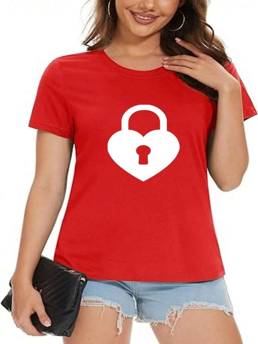 Women's T-Shirt Heart Block Print Spring Summer Casual Loose Round Neck Short Sleeve - [紅色的] - 查看 1