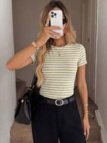 Camiseta de mujer de cuello redondo, ajustada, con textura acanalada, casual, elegante, cómoda para vacaciones y uso diario - Multicolor 4 - Ver 1