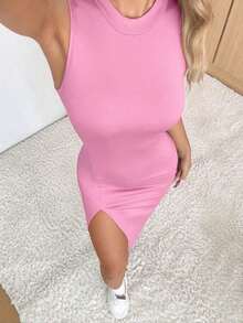 Vestido casual y elegante con abertura lateral, liviano para el verano - Rosa - Ver 4