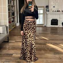HXAO Falda Midi con estampado de leopardo para mujer, faldas largas elegantes de cintura alta para mujer, falda de satén Vintage de otoño, faldas elegantes para mujer - leopardo - Ver 3