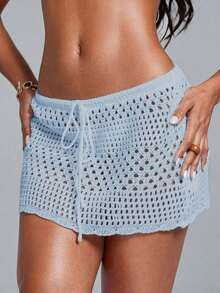 Swim Lushoire Falda pareo con dobladillo ondulado para la playa, con patrón geométrico perforado y floral - Celeste - Ver 3