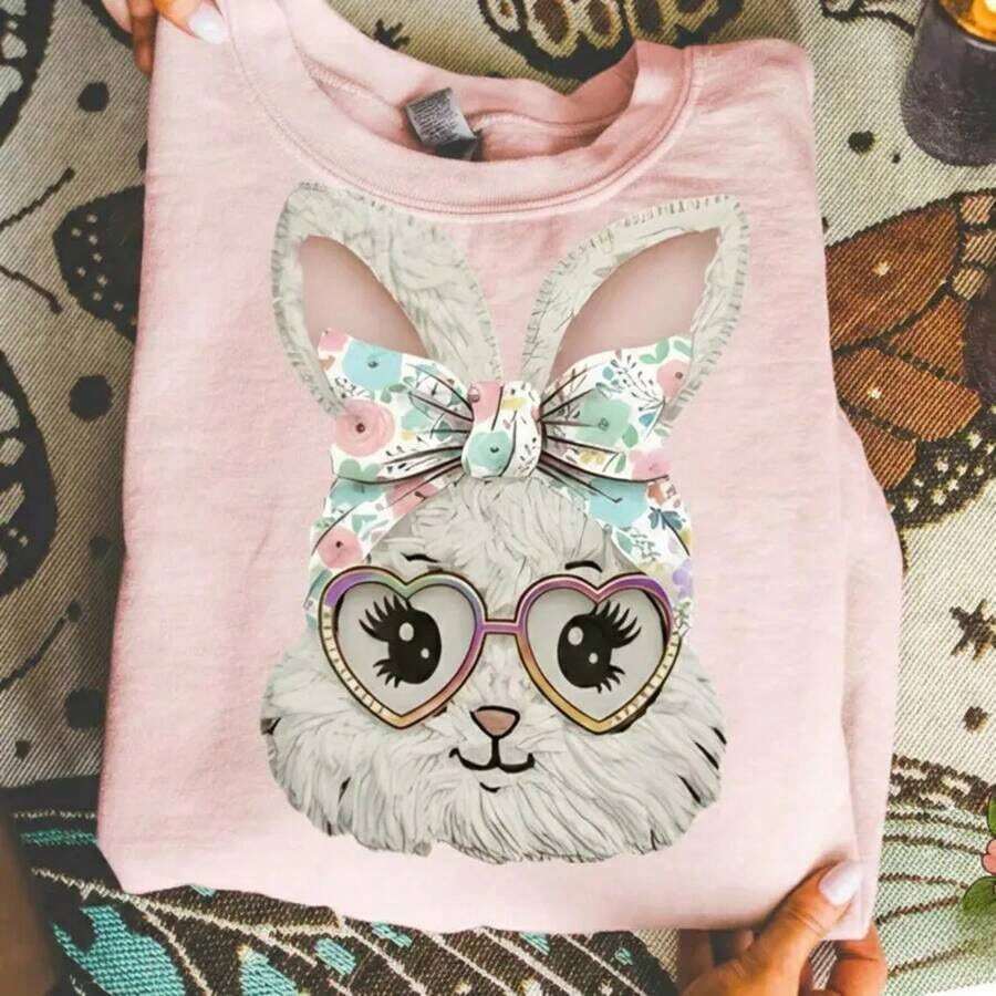 Unique Item, Easter Bunny | Easter Clipart With Feminine Leopard Design | Easter Sublimation For T-Shirts, Vibrant Colors, Multiple Color Options, Casual Summer T-Shirt For Women, Vacation Style, Book-Themed T-Shirt, Fun Prints, Music Festival, Easter, Teacher's Day. - 多色 2 - 查看 1