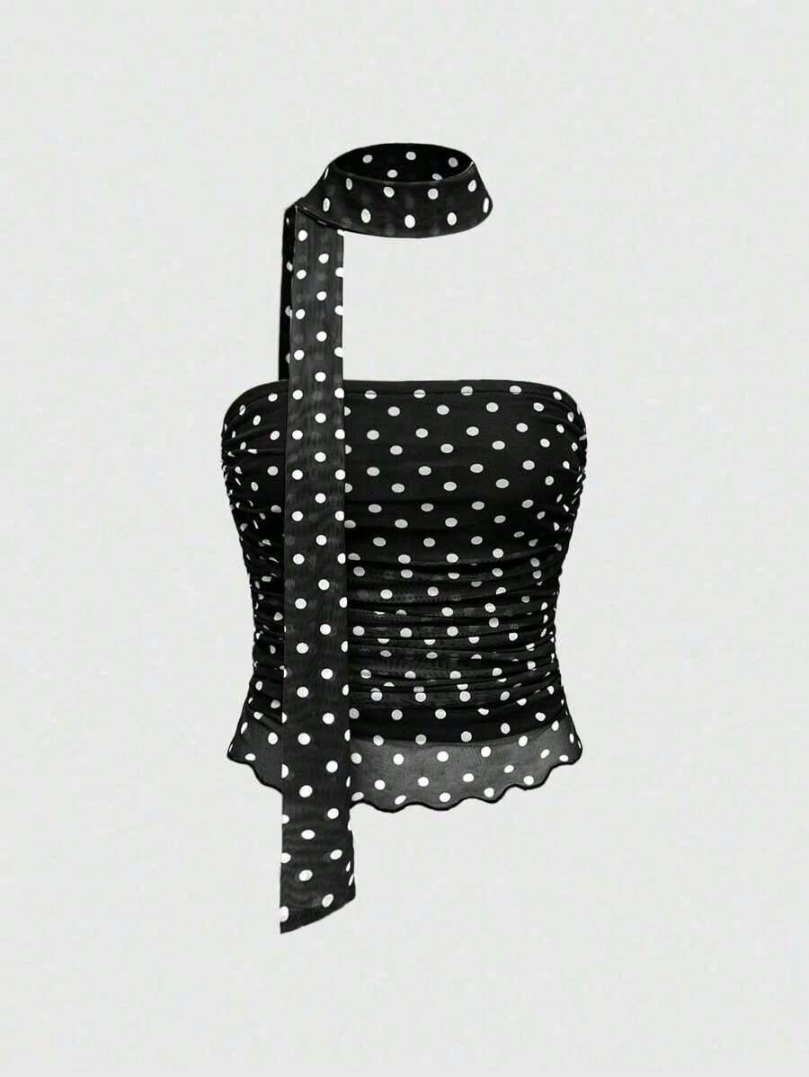 Camiseta ajustada casual de mujer con volantes y lunares, con lazo - Negro - Ver 1