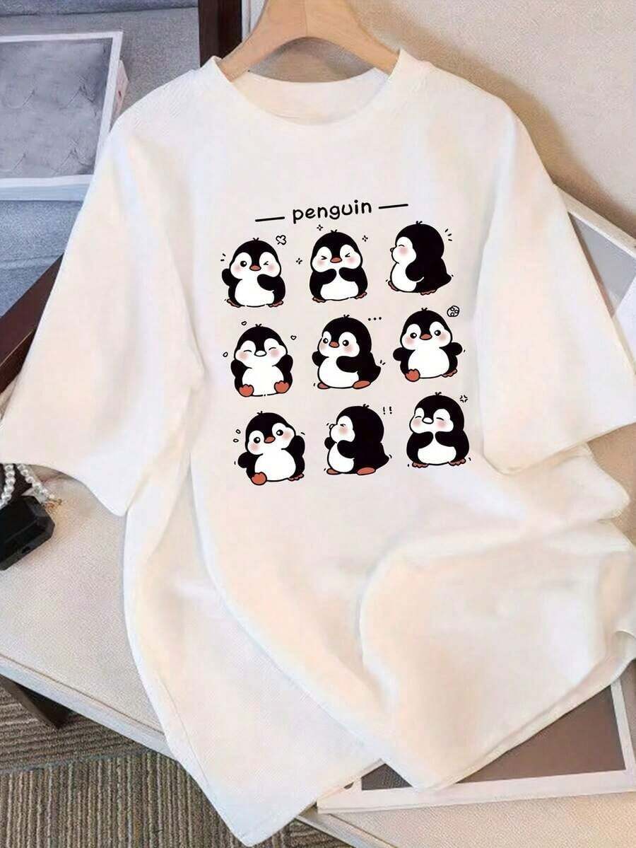 Women's 100% Cotton Casual T-Shirt With A Cute Penguin Print - Soft, Comfortable, And Breathable, With A Round Neck And Short Sleeves, Ideal For Casual And Everyday Wear. Fun Penguin Print. Soft Fabric. - 白色 - 查看 1