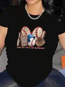 100% cotton Camiseta de Béisbol para Mujer con Estampado Gráfico - Diseño Llévame al Estadio, Cuello Redondo y Manga Corta Casual, Tejido Transpirable Lavable a Máquina, Ajuste Regular para Primavera Verano & Uso Todo el Año, Top Diario, Material Suave, Camiseta Estampada, Estilo Deportivo - Negro - Ver 7