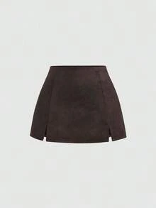 Falda mini casual de fiesta con abertura y corte en A de ante color Maillard para mujer, para otoño/invierno - Marrón - Ver 6