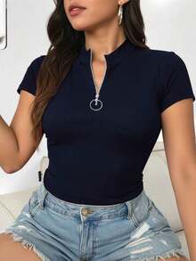 Camiseta casual de mujer de manga corta con cuello mao y unicolor, para verano - Azul marino - Ver 4