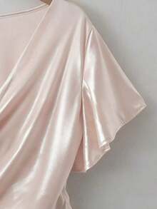 Blusa de satén elegante, blusa de manga corta, blusa de cuello en V, blusa de uso diario - Rosa - Ver 7
