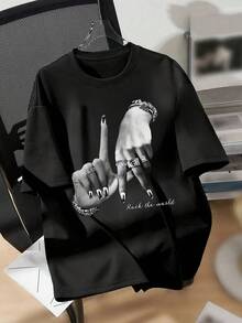 Fashionable Short-Sleeved Blouse For Women, With A Loose Fit And Printed Design. - 黑色 - 查看 1