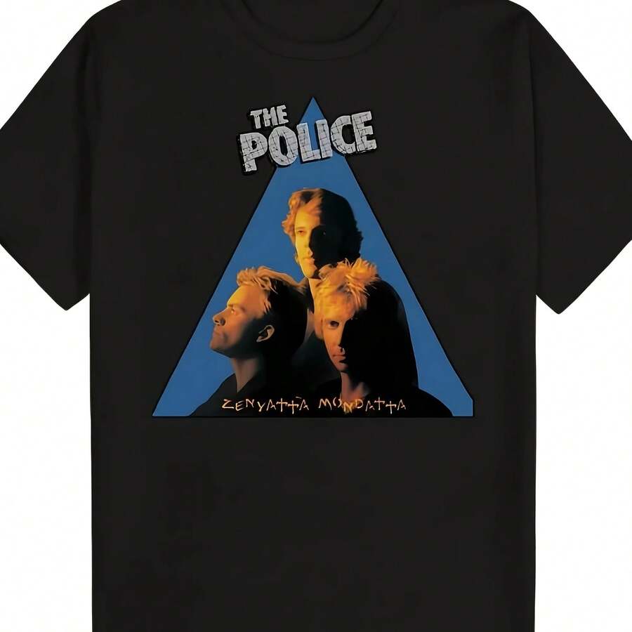 Men's Vintage Graphic T-Shirt From THE Band Featuring Portraits Of Stewart Copeland And Andy Summers, Retro Music T-Shirt With Band Logo And Triangular Background - 款式 - 查看 1
