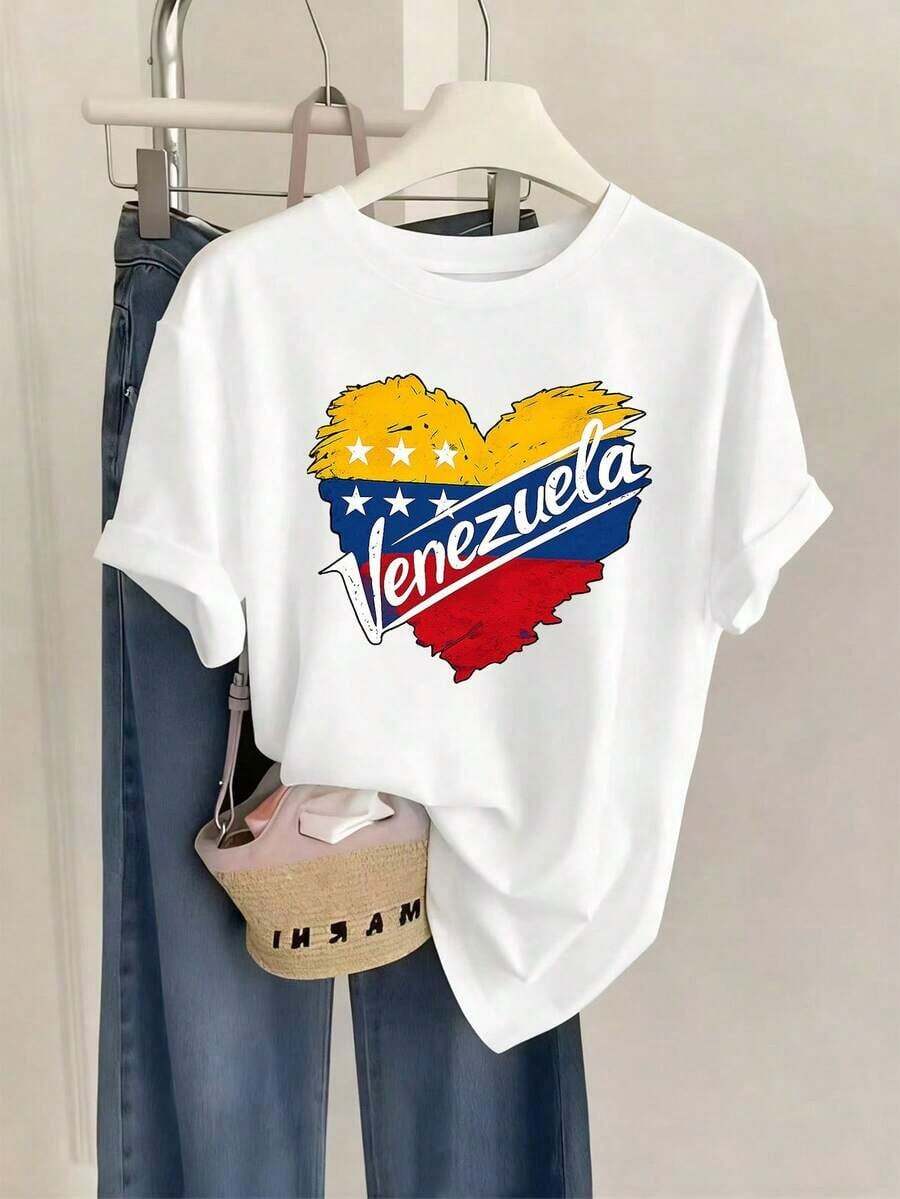 Camiseta de manga corta para mujer. Camiseta de moda para mujer con cuello redondo y manga corta. Esta camiseta de manga corta con cuello redondo para mujer casual y cómoda, adecuada para el uso diario. La combinación de estampados y un cómodo cuello redondo - Blanco - Ver 1