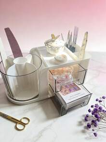 1pc Nail Tool Storage Box With 2 Drawers & 6 Rotatable Compartments, Large Capacity No Assembly Required. Multi-Compartment Storage Box With Sliding Design For Easy Use, Suitable For Storing Nail Tools, Short/Long Nails, Nail Accessories, Stationery, Unique Valentine's Day Design - Apricot - View 4