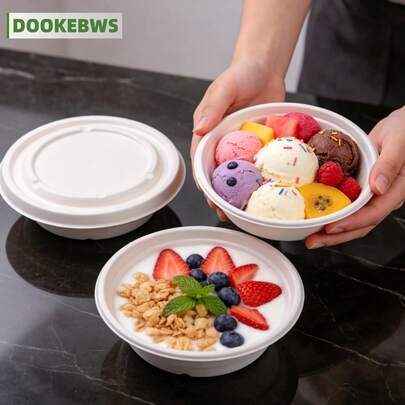 50 piezas Cuencos desechables de pulpa de caña de azúcar con tapas, cuencos para frutas, cuencos para postres, cuencos para comida fría, accesorios de cocina, vajilla, suministros de cocina, adecuados para camping, comida para llevar, fiestas y reuniones, esenciales para días festivos - Incluye 25 tapas y 25 cuencos