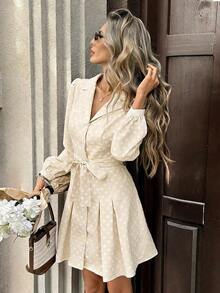 PariChic Vestido largo de manga larga de elegante color café con estampado romántico de rosas en todo el diseño, con cinturón de lazo, botones delanteros y un diseño elegante adecuado para otoño/invierno, primavera/verano, vacaciones, citas de San Valentín, cumpleaños, silueta evasé y vestido corto con mangas abullonadas, lindo y romántico - Albaricoque - Ver 4