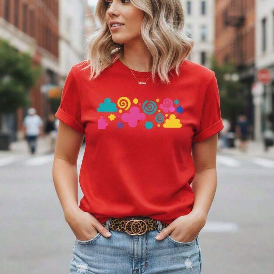 Camiseta de Algodón con Estampado Educativo para Mujer, Manga Corta Casual, Cuello Redondo, Corte Holgado, Camiseta Básica para Maestras, Tallas S-5XL, Opciones de Color Blanco, Cómoda para Uso Diario, Regalo Perfecto para Educadores, Camiseta con Diseño Gráfico Lindo, Letras Coloridas y Diseño Floral, Adecuada para primavera, verano y otoño. - Rojo - Ver 1