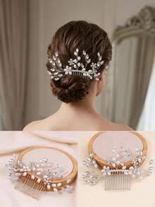 1pc Shiny Gold Leaf & Pearl Decorated Hair Comb, Suitable For Bride Wedding, Bridesmaid, Photo Shoot, Gala, Graduation Dance, Stage Performance,Combs,Side Comb - Gold - View 1