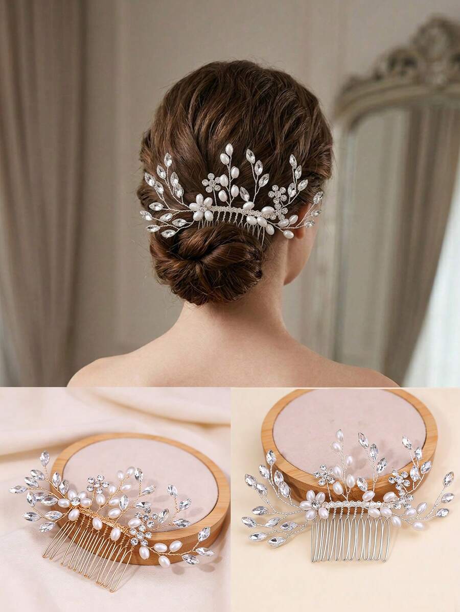 1pc Shiny Gold Leaf & Pearl Decorated Hair Comb, Suitable For Bride Wedding, Bridesmaid, Photo Shoot, Gala, Graduation Dance, Stage Performance,Combs,Side Comb - Gold - View 1