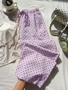 Pantalones casuales anchos con cintura de corbata y estampado de lunares para mujer - Lila Púrpura - Ver 7