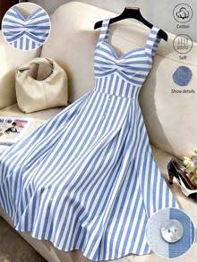 Vestido casual de línea A de longitud media con cuello en V a rayas y decoración de remaches para mujer - Azul y blanco - Ver 8