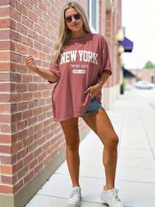 Plus Size Women's Mid-Length Short-Sleeve T-Shirt, Casual And Loose Style, With "New York" Letter Print On The Round Neck - 老玫瑰 - 查看 4