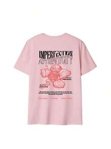 Camiseta de mujer estilo retro americano con estampado de flor de hibisco y eslogan "Imperfecto", corte holgado que realza la silueta, estilo artístico y relajado, manga corta, adecuada para la escuela, paseos por la ciudad, salidas de primavera y uso casual de verano. - Rosa - Ver 2