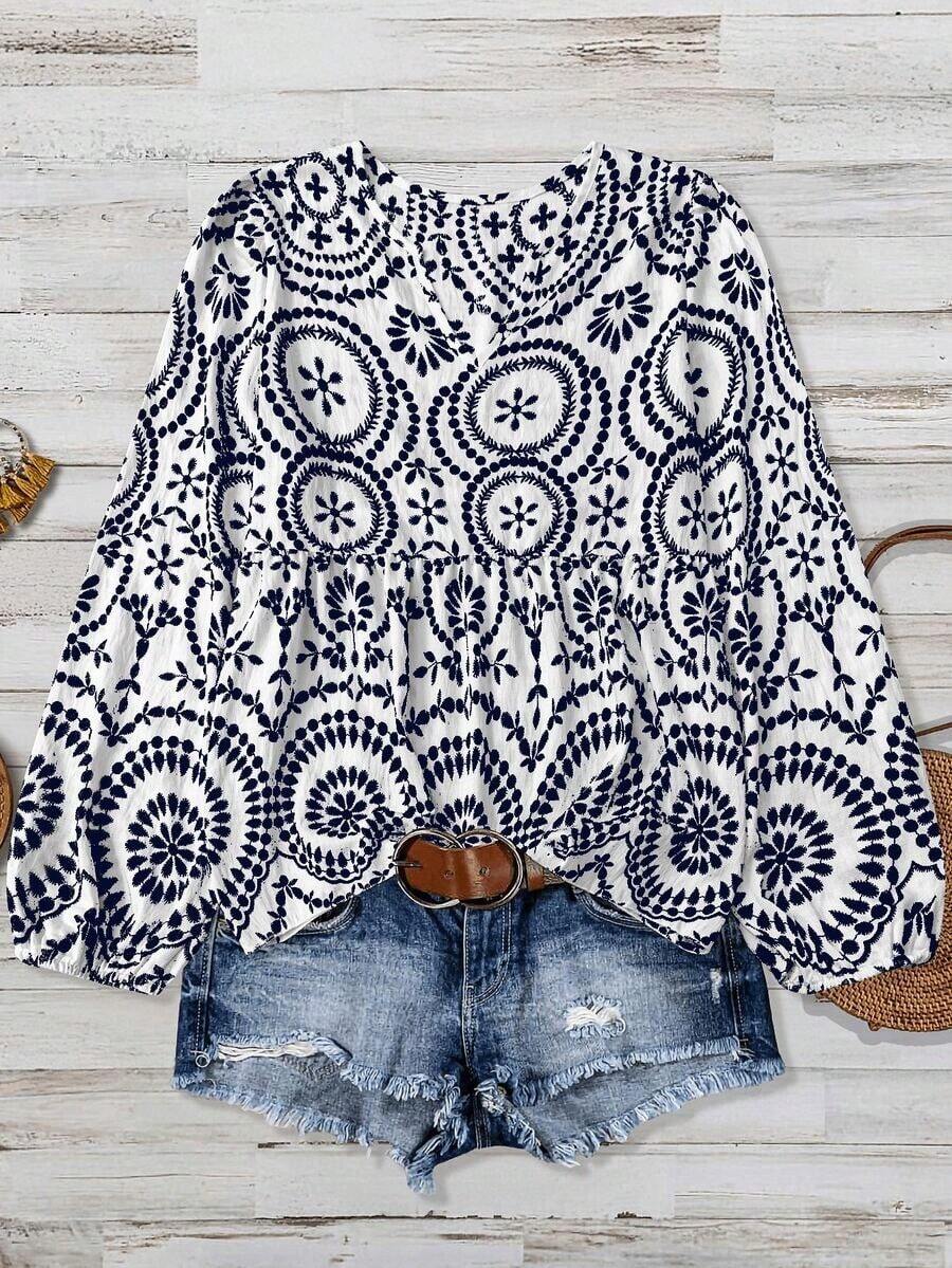 Bamboo Long-Sleeved Blouse With Knot And Patch Print, Comfortable And Casual, Plus Sizes For Women, Spring - Navy Blue - View 1