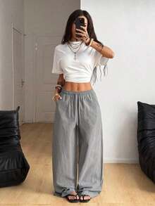 Pantalones anchos de pierna ancha con estampado de rayas, cintura con cordón, cómodos, para mujer, estilo casual de playa y vacaciones, estilo bohemio - Gris - Ver 2