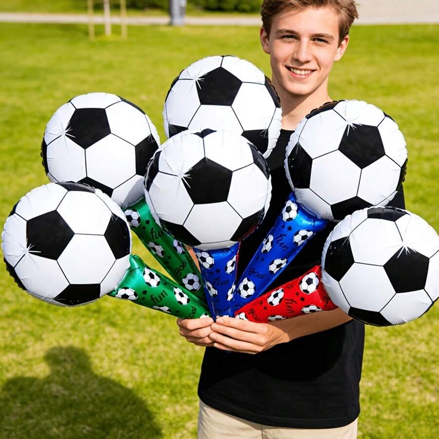 6/12/24pcs Football Printed Hand-Held Balloon Pump Cheering Stick Balloons, Football Party Decorations, Game Celebration Props - Multicolor - View 1