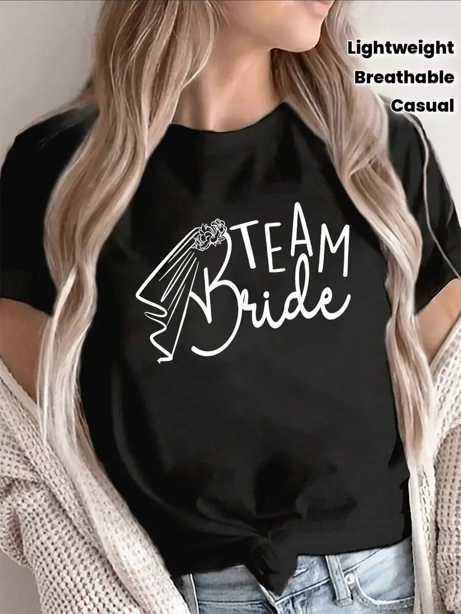 Camiseta ligera y transpirable de manga corta, con estampado 'Bride', perfecta para fiestas de bodas informales y celebraciones de despedida de soltera. - Negro - Ver 1
