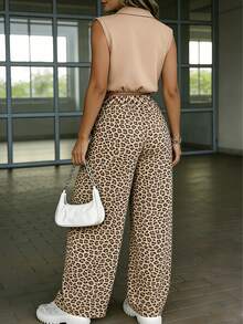 Elegant Leopard Print Casual Wide Leg Pants 2pcs Set, Collared Sleeveless Polo Shirt, Office Set Summer - Khaki - View 4