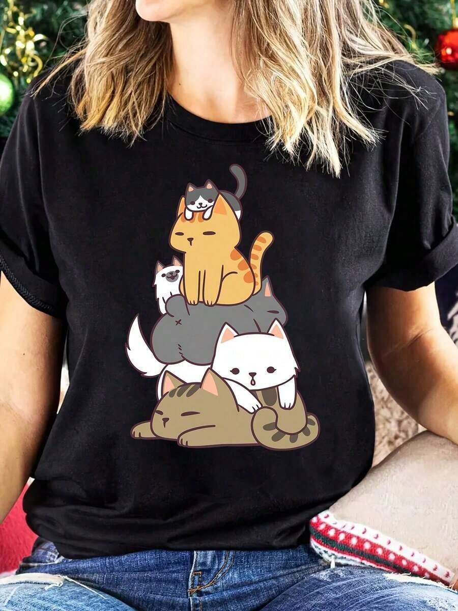 Camiseta con Estampado de Regalo para Amantes de Gatos, Diseño Simple y Versátil, Manga Corta, Cuello Redondo, Top Casual para Verano y Primavera, Ropa de Mujer, Camiseta de Algodón - Negro - Ver 1