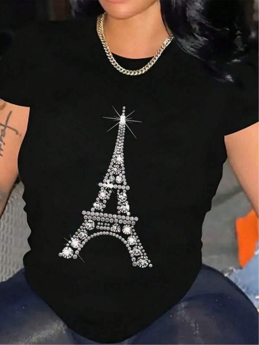 Plus Size Basic T-Shirt For Women, Short Sleeve Crew Neck Basic Tee With Sequin Faux Print And Bow Graphic. 2, 100% Plus Size Printed Casual Short Sleeve T-Shirt For Women - 黑色 - 查看 1
