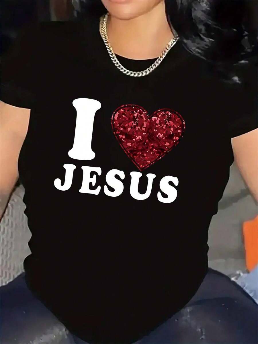 Women's Christian Faith T-Shirt - Red Glitter Heart Print And Lettering - Lightweight Church Wear - Casual And Religious For All Seasons, Everyday Wear - Easy Care T-Shirt, Faith-Based Clothing, Comfortable Fit, Faith Community - 黑色 - 查看 1