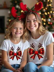 Korean Christmas Casual T-Shirt For Women With Cartoon Reindeer Antler Design, Bright Plaid Stripes And Bow Print, Basic Short Sleeve T-Shirt Suitable For Christmas Parties, Women's Top, Graphic Print T-Shirt. - 白色 - 查看 6