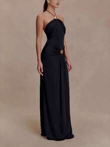 Vestido largo entallado de cuello halter con cintas flotantes, estilo elegante y refinado - Negro - Ver 3