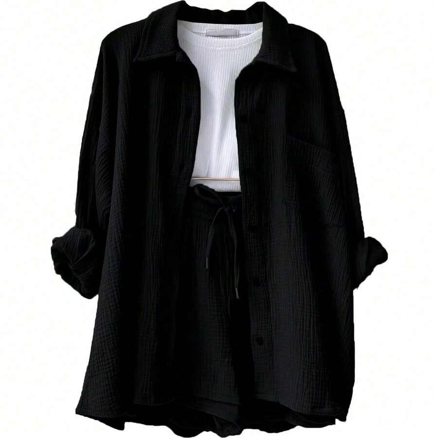 Las mujeres de dos piezas de tela arrugada solapa camisa de manga larga de cintura alta cordón pantalones cortos de gran tamaño de la moda traje casual - Negro - Ver 1