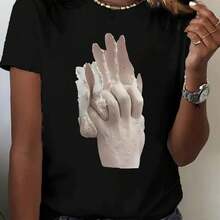 Short-Sleeved Shirt With Artistic Print, Casual Short-Sleeved Round Neck T-Shirt, Women's Clothing - 黑色 - 查看 6