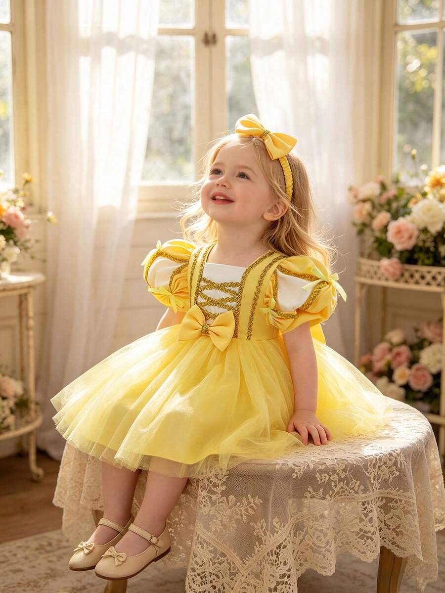 Gaun Putri Mewah Berbahan Jala Bordir Lengan Mengembang Warna Ungu untuk Bayi Perempuan, Cocok untuk Pesta - Kuning - View 1