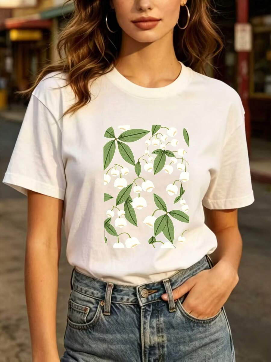 Women's Floral T-Shirt 180G - The Perfect Gift For Spring, A Casual Office T-Shirt With A Unique Floral Design, Soft And Comfortable For Everyday Wear, As Group Clothing For Family Gatherings Or Company Building Activities - Unisex Urban Vintage Style T-Shirt, Cotton, Short Sleeve And Round Neck. - 白色 - 查看 1