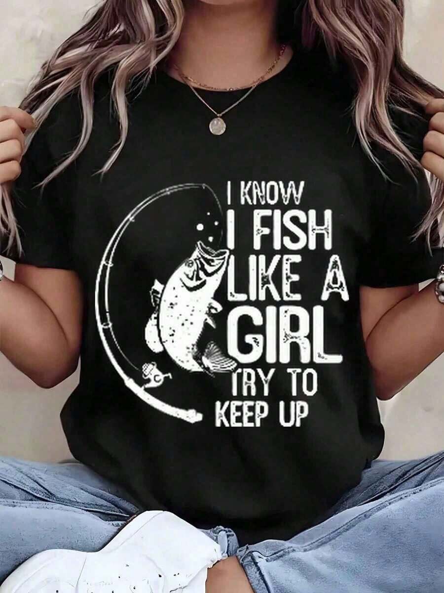 Women's Casual T-Shirt With 'Fish Like A Girl Try To Keep Up' Print, Round Neck, Summer Casual Wear, Gift, 220g, Long Sleeve - 黑色 - 查看 1