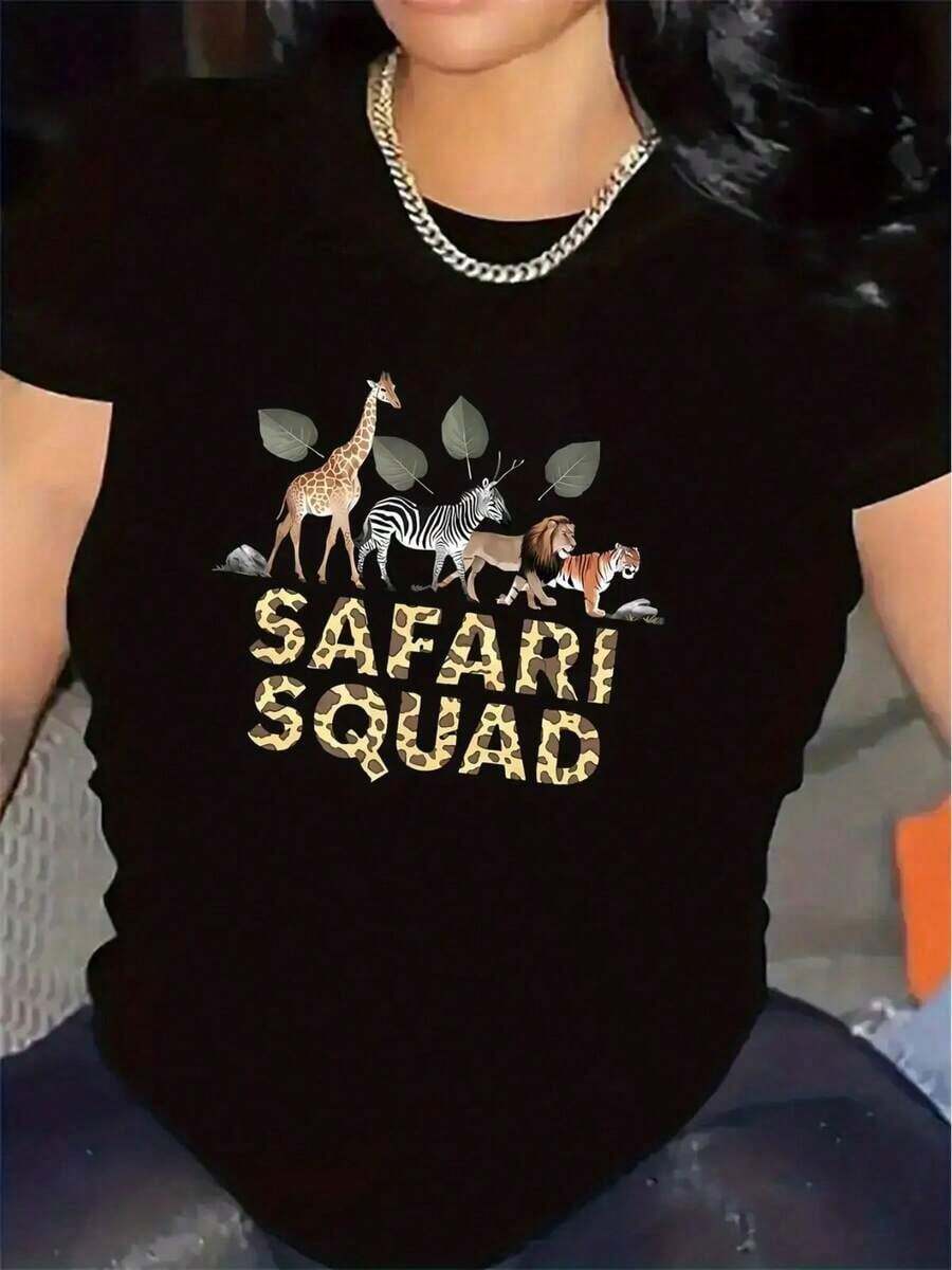 Camiseta Gráfica Squad para Mujer - Camiseta Ligera y Duradera de Poliéster con Estampado de Jirafa, Cebra, León y Leopardo - Camiseta Blanca para Fiestas, Viajes, Atuendos Casuales Diarios - Top Cómodo de Cuello Redondo para Mujer, Ropa de Viaje, Diseño Divertido, Material Transpirable, Camiseta de Manga Corta, para Amantes de la Modablusas para dama - Negro - Ver 1