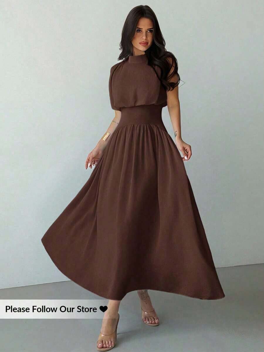 elegante de cuello alto y cintura ceñida con silueta evasé para mujer, vestido de verano, ropa de primavera/verano, atuendo de playa, para ir al trabajo, elegante, sexy, vacaciones, playa, bohemio, Hawái, festival de música, romántico, cit - Café integral - Ver 1