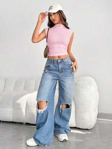 Camiseta sin mangas de mujer de punto de unicolor con cuello alto para el verano - Rosa Pálido - Ver 3