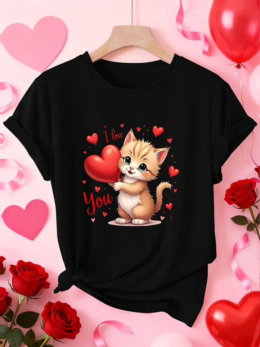 New Women's Spring-Summer Clothing Item For Valentine's Day, T-Shirt With Orange Cat Print Hugging A Heart And Tender Confession "I Love You", Casual Sporty Style For Daily Wear And Commuting, Pretty And Elegant, Round Neck And Short Sleeve, Soft And Comfortable - 黑色 - 查看 1